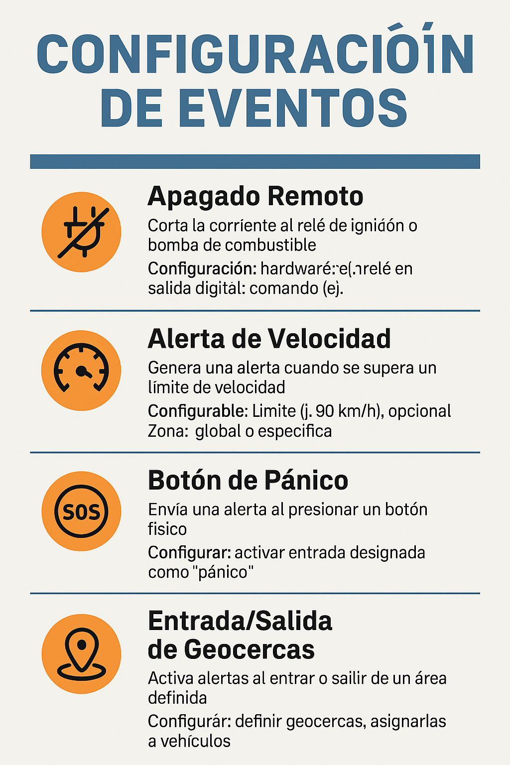 Configuración de eventos (apagado remoto, alertas de velocidad, botón de pánico, etc.) Configuración de eventos (apagado remoto, alertas de velocidad, botón de pánico, etc.)