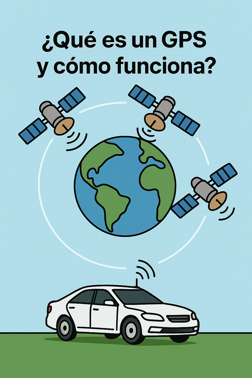 Ilustración del sistema GPS mostrando satélites y un auto conectado